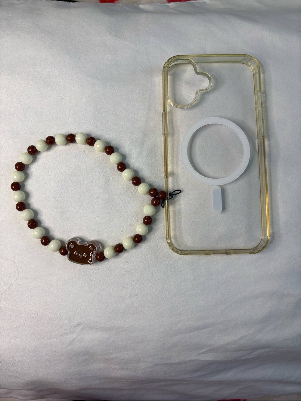 Cream and Brown Beaded Phone Strap with Bear Accent and the iPhone case too